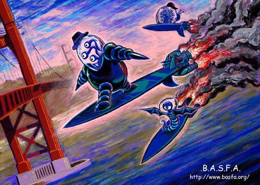 Artwork of aliens flying surf boards by the Golden Gate Bridge